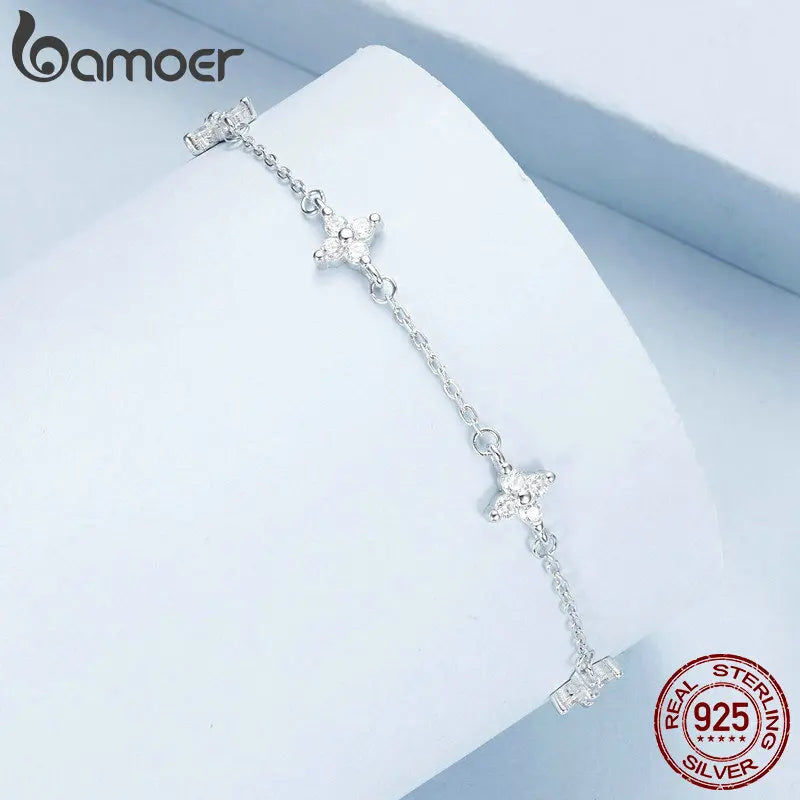 BAMOER 925 Sterling Silver Dazzling Four-Leaf Clover CZ Anklet, Chian Bracelet for Leg Female Foot Jewelry For Women BST008