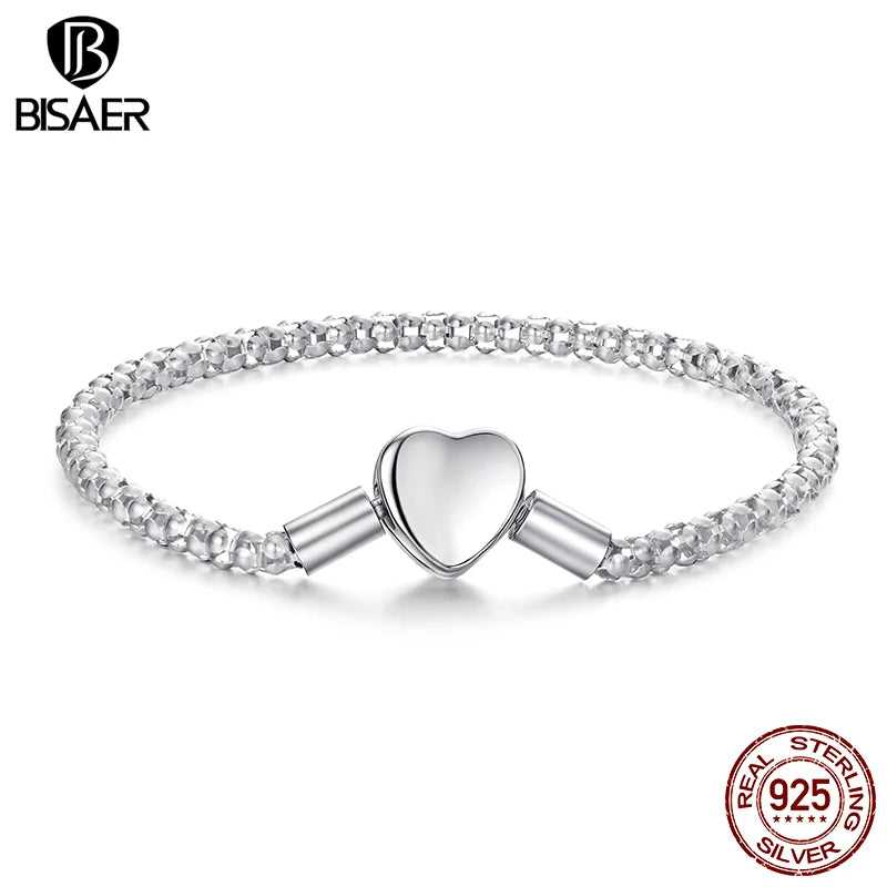 BISAER Real 925 Sterling Silver Heart Basic Bracelet Love Starry Bracelets for Women Charms Beads DIY Fine Jewelry EFB209