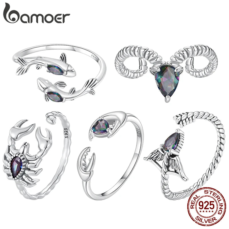 BAMOER Sternzeichenring aus 925er Sterlingsilber, ovaler Regenbogen-Zirkonia-Ring mit 12 Sternzeichen für Damen und Mädchen – ideal für Geburtstage