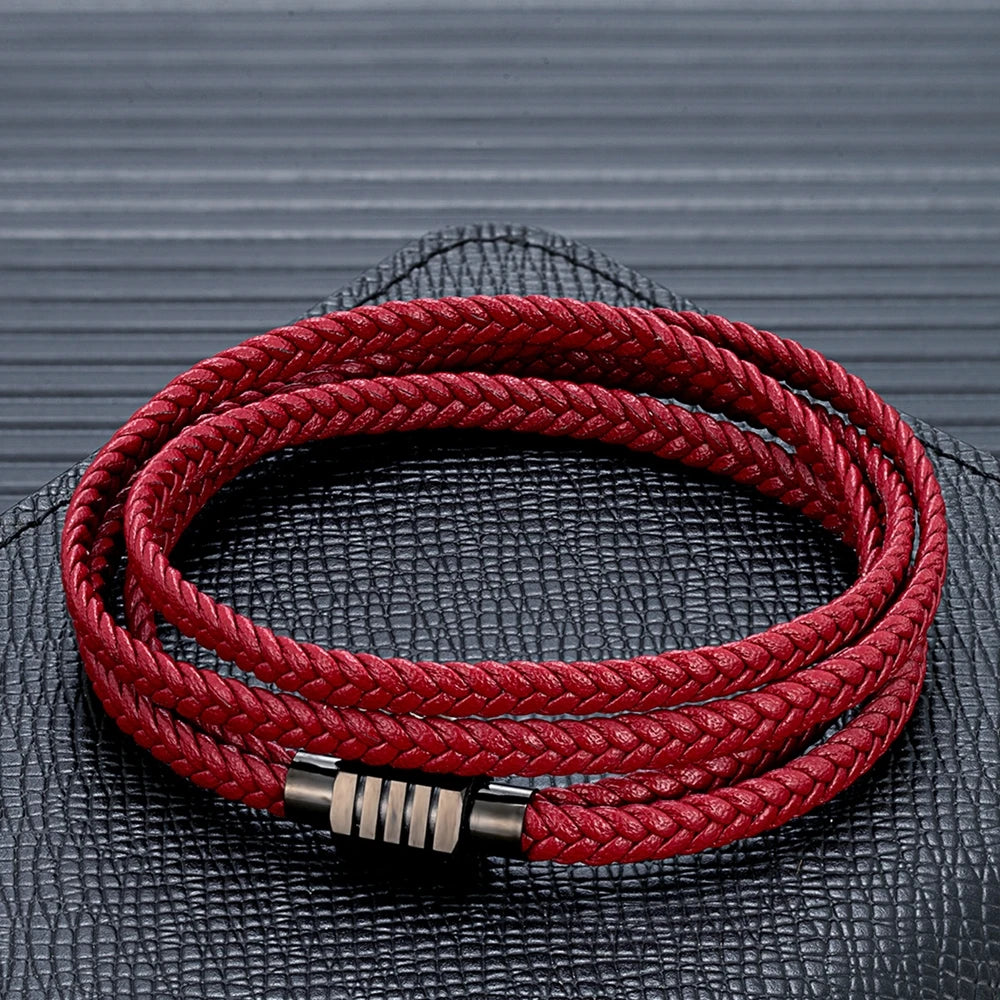 MKENDN Fashion Braided Rope Woven Multilayer Genuine Leather Bracelets Men Punk Black Stainless Steel Bangle Handmade Jewelry - Madeinsea©