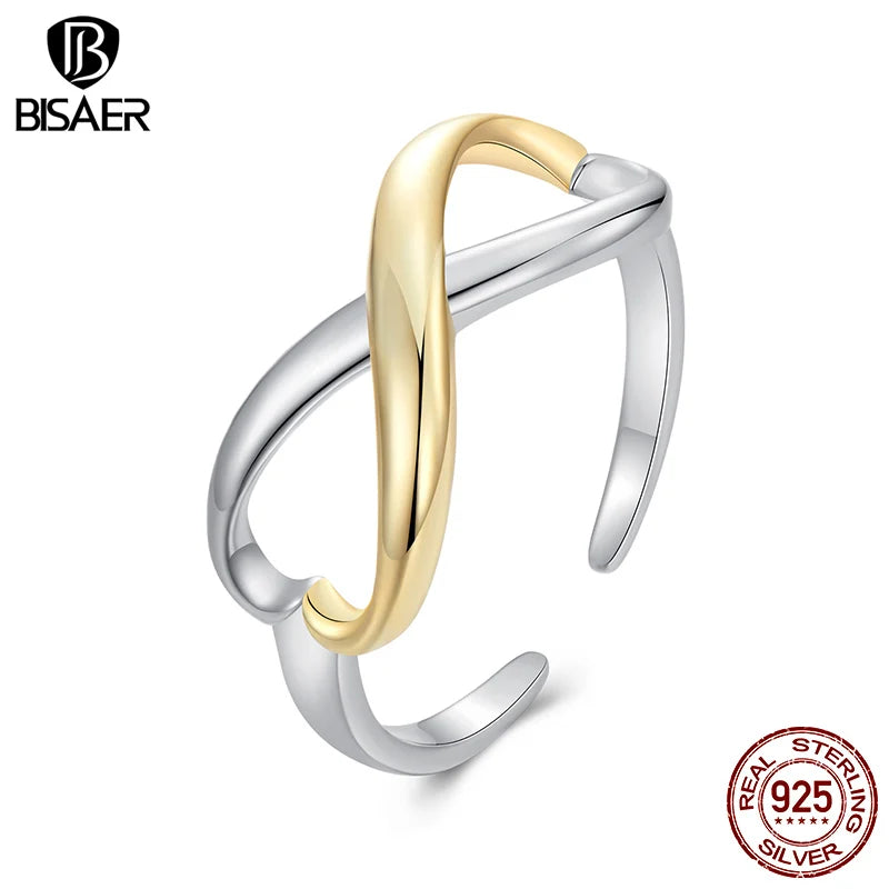 BISAER 925 Sterling Silber Unendliche Liebe Offener Ring Zweifarbig Einstellbare Größe 5-9 Band Vergoldet Für Frauen Party Edler Schmuck