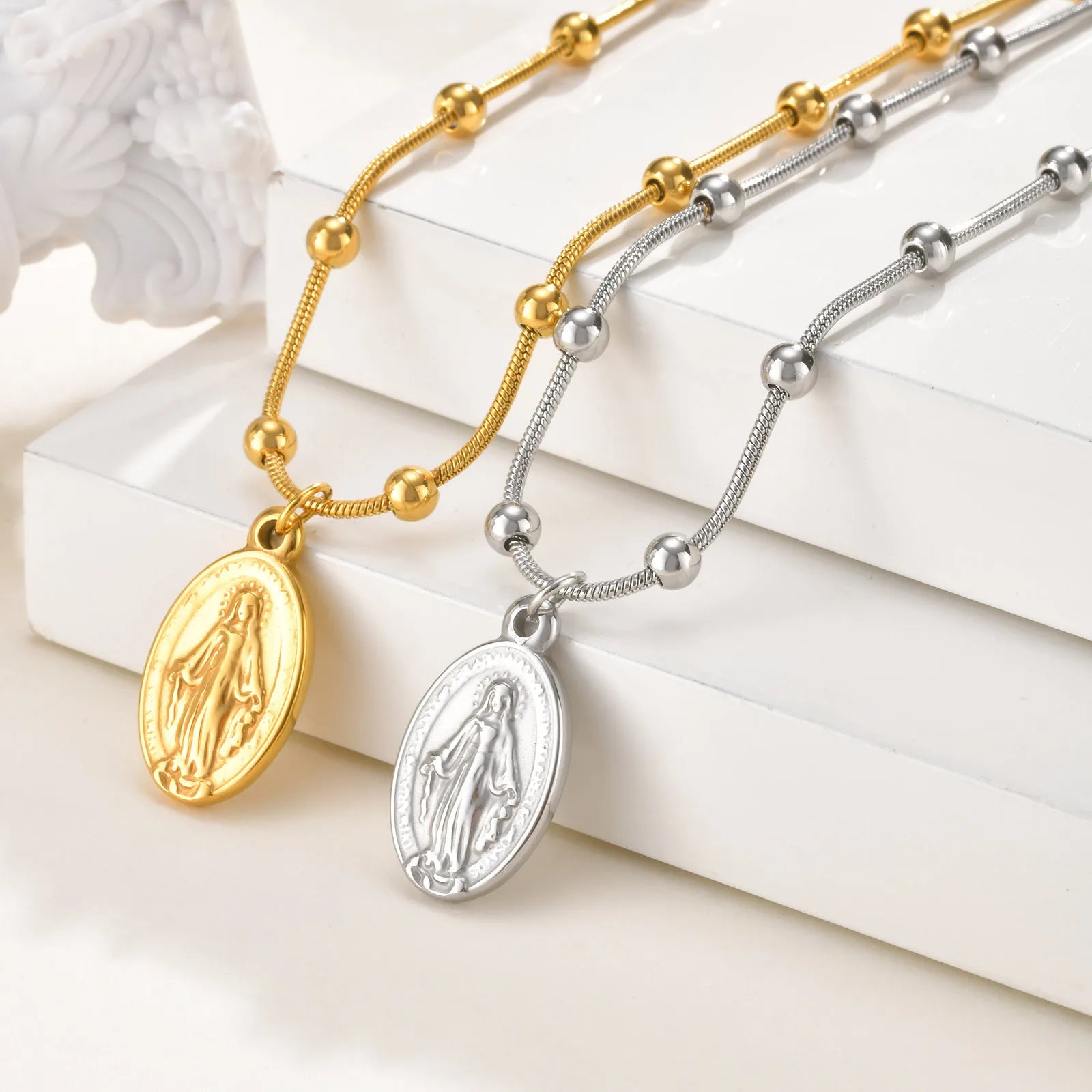 Vnox Light Luxury Rosary Necklaces For Women,Stainless Steel Beads Chain Virgin Mary Pendent,Cross Tail Religion Jewelry Gift