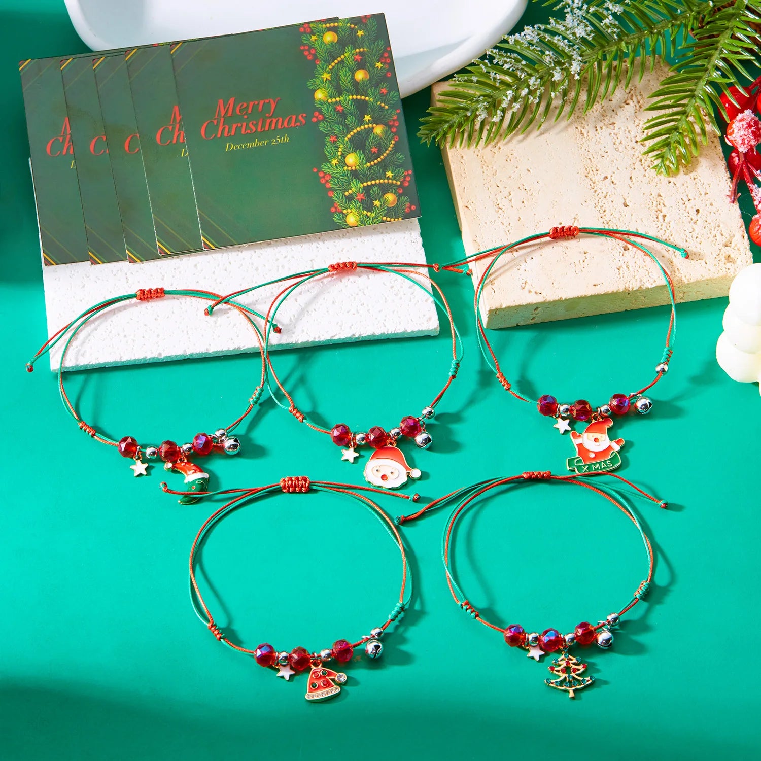 Merry Christmas Handwoven Braided Beads Bracelet for Women Santa Claus Xmas Tree Snowflake Moon Zircon Adjustable Bangle Gifts