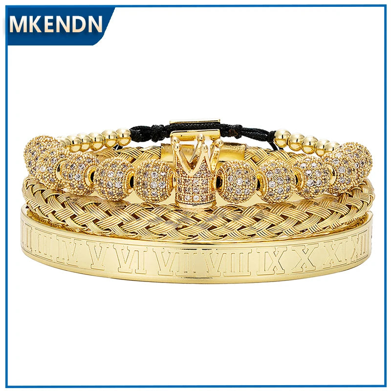 MKENDN 3pcs/Set Hot Men Steel Carving Roman Number Bangle Micro Zircon Crown Bracelet Pulseira Bileklik Luxury Handmade Jewelry