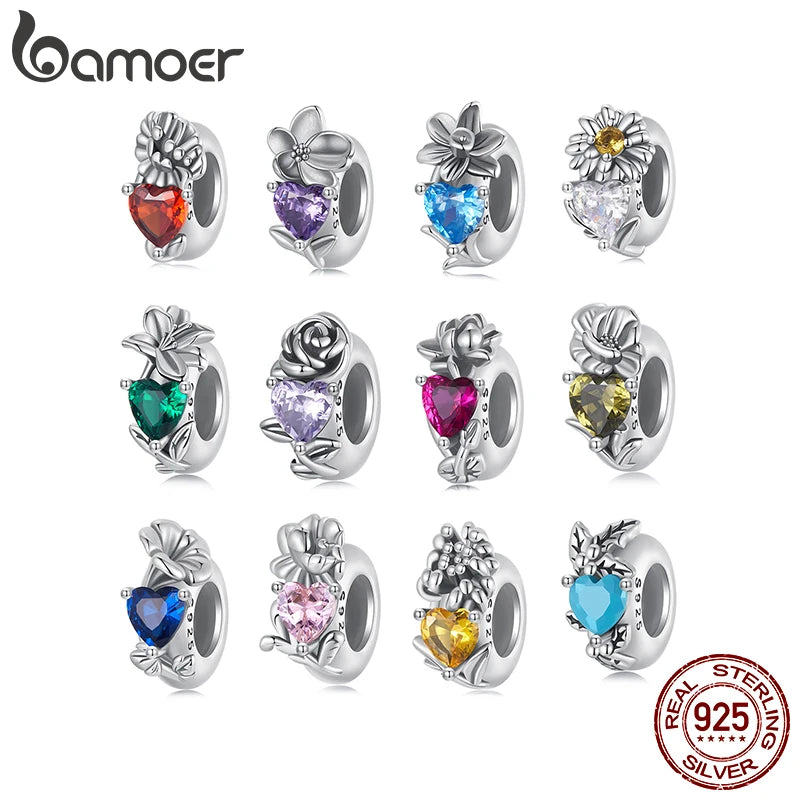 BAMOER 2025 New Birthstone Charms for Charms Bracelet, 925 Sterling Silver 5A Cubic Zirconia Flower Jan-Dec Charm Beads SCC3005