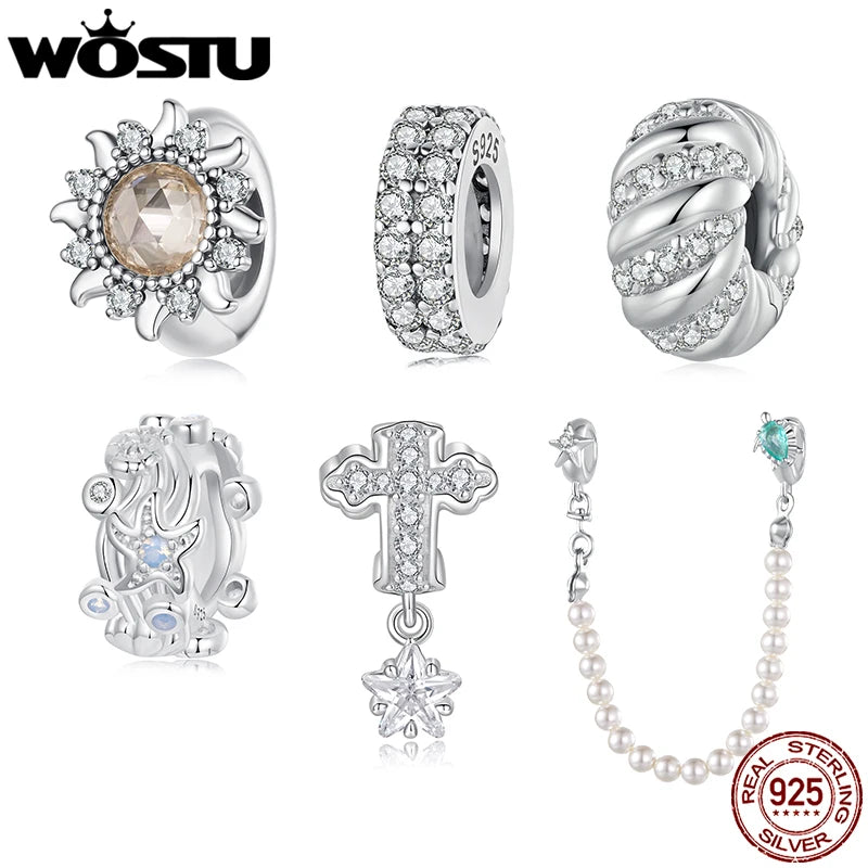WOSTU 925 Sterling Silver Sunflower Silicone Spacer Beads Zircon Clip Charms Turtle Safty Chains Fit Original Bracelet Necklace