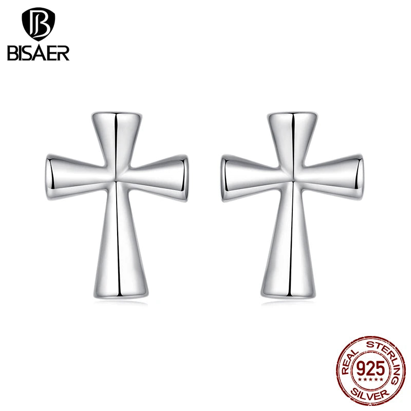 BISAER 925 Sterling Silver Cross Stud Earrings,Dainty Lightweight Hypoallergenic Stud Ear for Religious Women Party Fine Jewelry