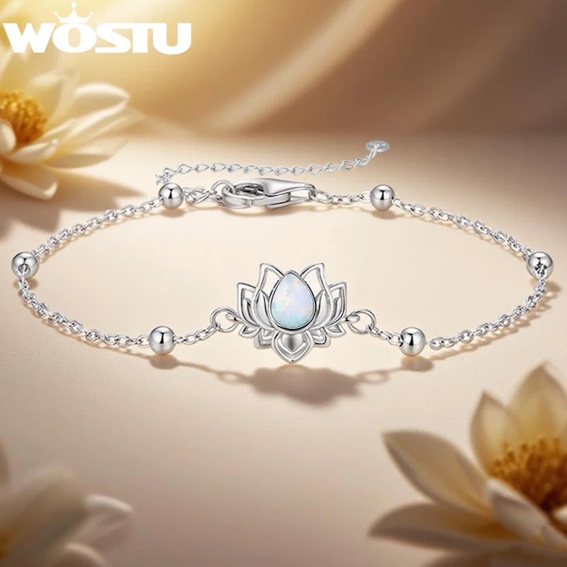 WOSTU 925 Sterling Silver Lotus Bead Chain Bracelet for Women, Adjustable White Opal Pendant Link Yoga Meditation Jewelry Gi