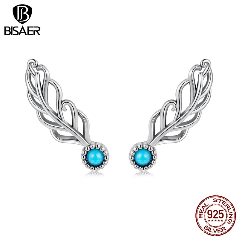 BISAER 925 Sterling Silver Turquoise Feather Stud Earrings Vintage Feathers Stud Ear for Women & Girls Party Fine Jewelry Gift