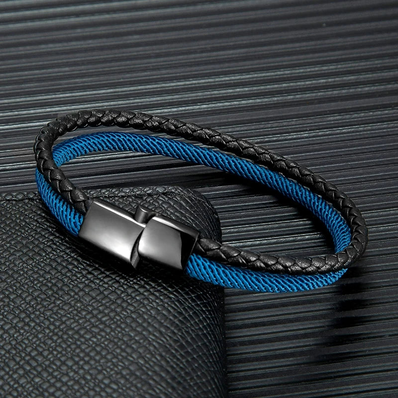 MKENDN Mens Double Strand Braided Leather Rope Bracelet For Women Black Stainless Steel Magnet Buckle Couple Minimalist Jewelry - Madeinsea©