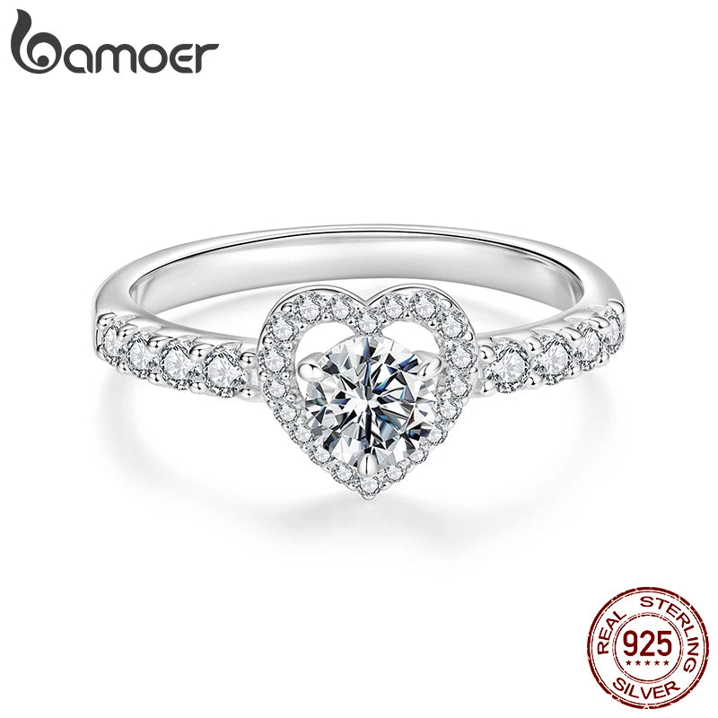BAMOER 0.5CT Moissanite Hollowed Heart Engagement Band Ring Half Enternity Ring for Women Wedding Jewelry Round Cut D Color VVS1
