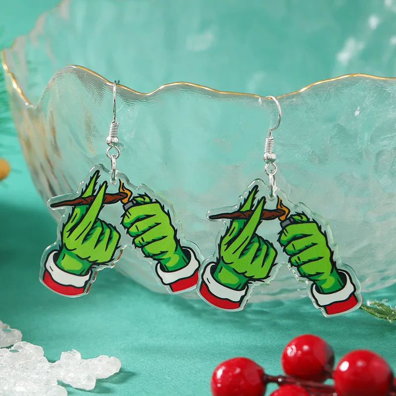 Hot Selling Acrylic Christmas Earrings For Women Green Hand Black Kitten Boots Pendant Sequin Glitter Earring New Year Jewelry
