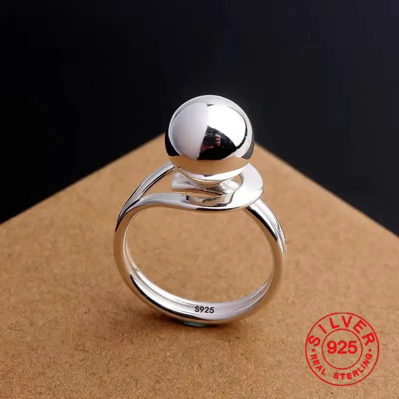 925 Sterling Silber Schlichter Ring für Frauen Edler Schmuck Finger Verstellbarer offener Vintage Big Ball Ring für Party Geburtstagsgeschenk