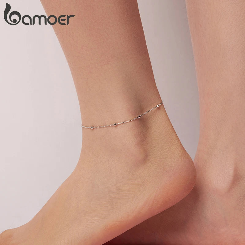 Bamoer 925 Sterling Silver Beads Anklet Minimalist Solid Summer Body Jewelry for Women Teens Fashion Beach Party Gift
