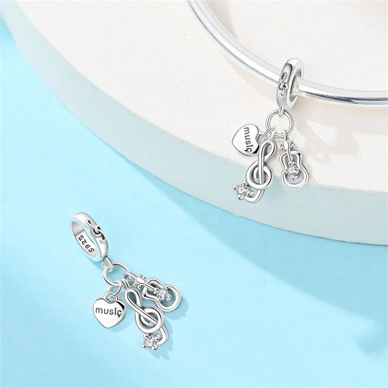 100% 925 Sterling Silver Guitar Rock Musical Note Carousal Headphones Charms Beads For Bracelet Necklace DIY Jewelry Accessories