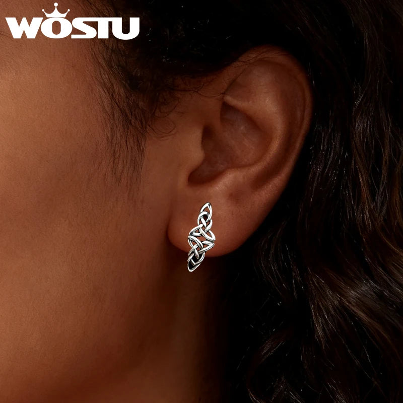 WOSTU 925 Sterling Silver Celtic Knot Huggies Hoop earrings For Women , s925 Retro style Party Ear Cuffs Fine jewelry Gift