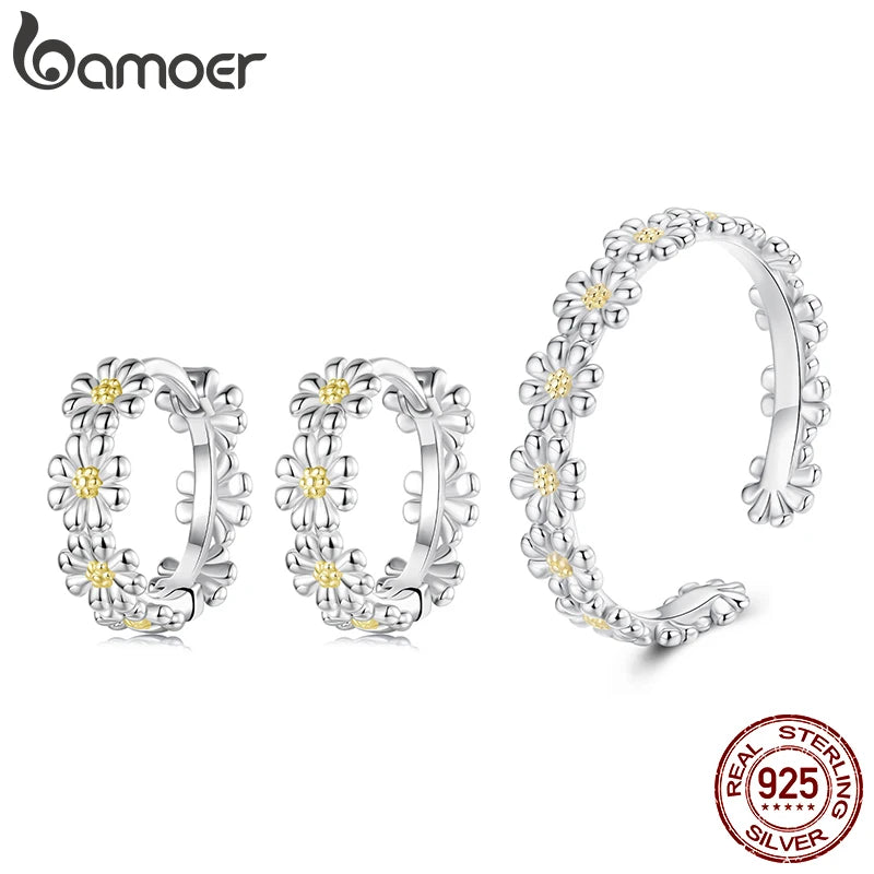 Bamoer 925 Sterling Silver Daisy Jewelry Set Yellow Flower Open Ring Plant Hoop Huggies Earrings for Women Teen Young Party Gift