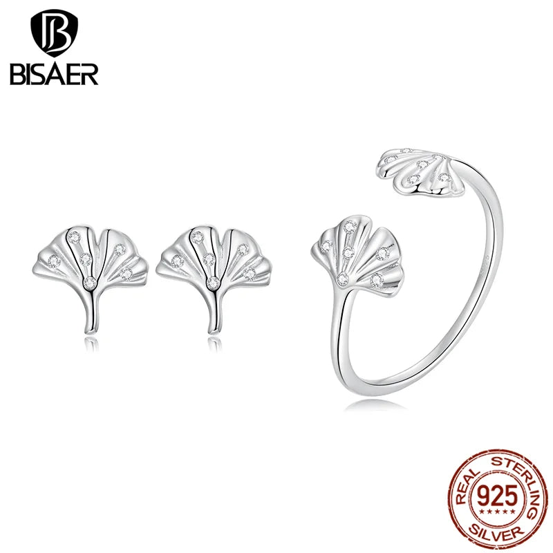 BISAER Bague en argent sterling 925 100 % feuille de ginkgo, boucles d'oreilles à tige pour femme élégante, ensemble de bijoux fins pour fête, cadeau d'automne