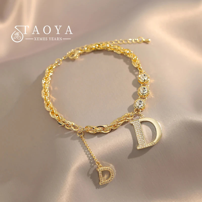 2023 New Classic D-Letter Pendant Set with Zircon Gold Color Bracelet Fashion Luxury Jewelry For Women's Exquisite Accessories