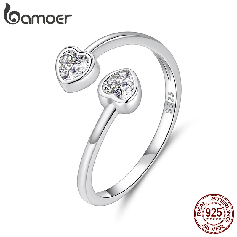 Bamoer 925 Sterling Silver Double Heart Arrow Open Ring Adjusable Promise Zircons Ring for Women Teens Minimalist Daily Gift