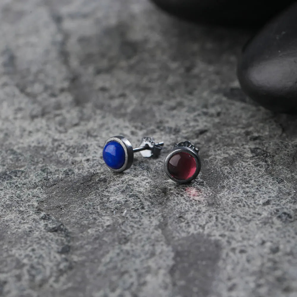 MKENDN New 100% 925 Sterling Silver Earrings Men Women Vintage Round Stud Earrings Lapis Lazuli Stone Personality Jewelry