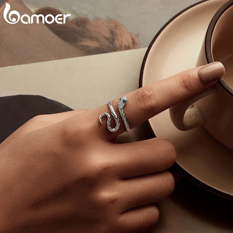 BAMOER White Gold Plated Snake Ring with Emerald CZ Eye, Adjustable Statement Ring for Women Unique Snake Design Jewelry YIR246