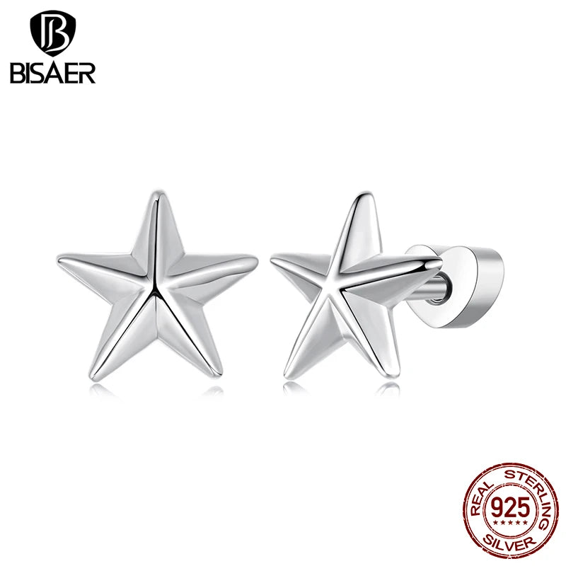 BISAER Real 925 Sterling Silver Star Stud Earrings Minimalist Stars Earrings Plated White Gold for Women Party Fine Jewelry Gift