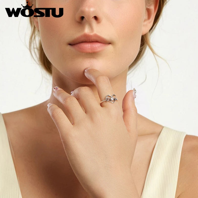 WOSTU 925 Sterling Silver Letter Mom Heart Open Ring For Women Shiny AAA Zircon Stackable Rings Mother's Day Jewelry Faimly Gift