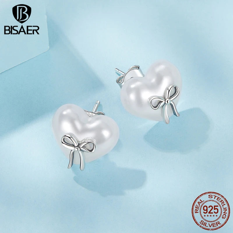 BISAER Boucles d'oreilles à tige en argent sterling 925 véritable avec perles en forme de cœur et nœud pour femme élégante, bijoux fins, cadeaux de vacances