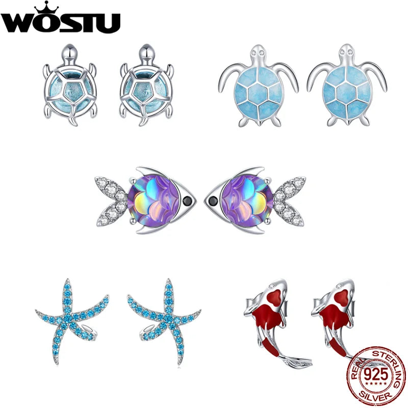 WOSTU 925 Sterling Silver Starfish Stud Earrings Blue Cubic Zircon Earrings For Women Fashion Silver 925 Jewelry CTE136