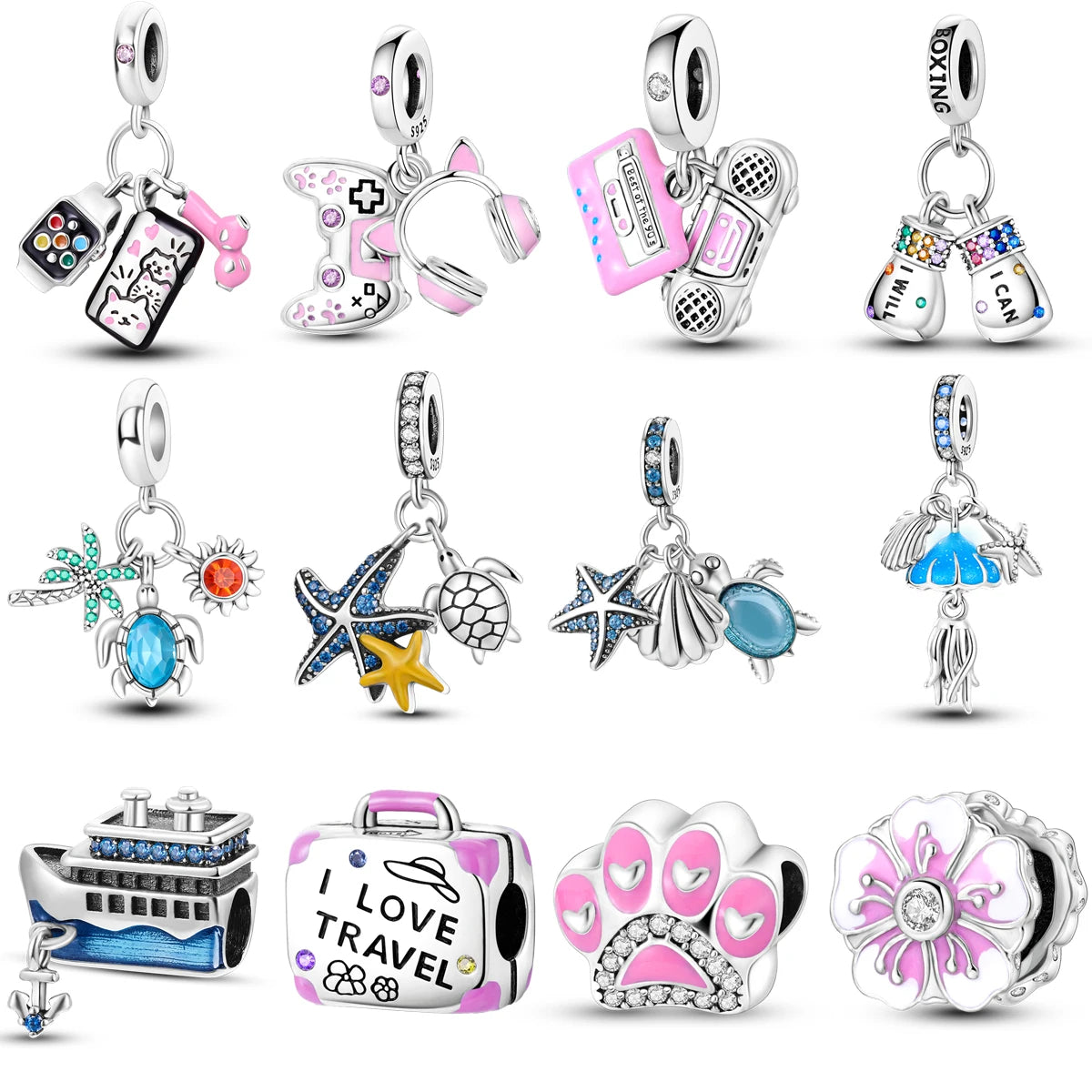 New 925 Sterling Silver Earphone Watch Turtle Ship Travel Case Charm bead Fit Original Pandora Bracelet DIY Jewelry For Women