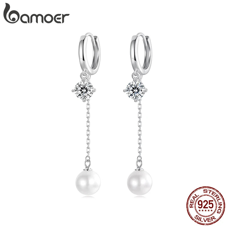 BAMOER 925 Sterling Silber Ohrringe mit gestaffelten Zirkonia-Quasten und runden Perlenohrringen für Damen – Elegantes Weihnachtsgeschenk