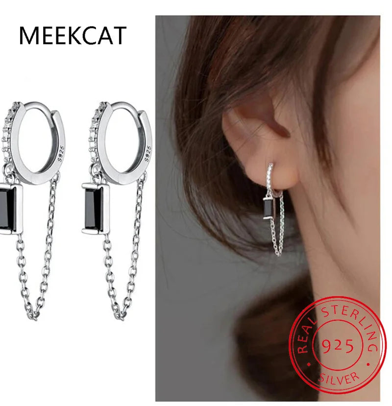 Real 925 Sterling Silver Hoop Fashion Chain Black CZ Hoop Earring Huggies For Women Wedding Birthday Gift Fine Jewelry DG0004