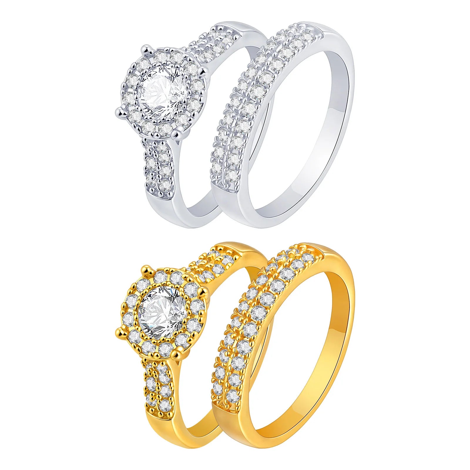 Vnox Lightweight Gold Silver Color 2 Piece Rings Set,Cubic Zirconia Inlaid Circle Rings For Women Girls,Female Jewelry Wedding