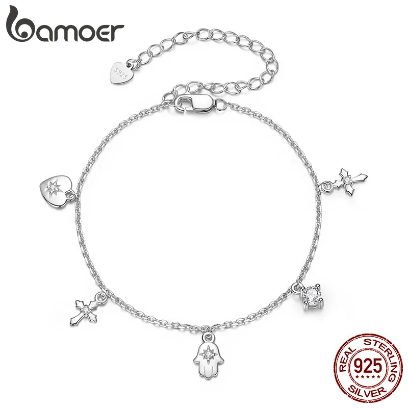 BAMOER 925 Sterling Silver Cross Amulet Bracelet Hand of Fatima Pendant Link Chain Adjustable for Women Birthday Lucky Gift