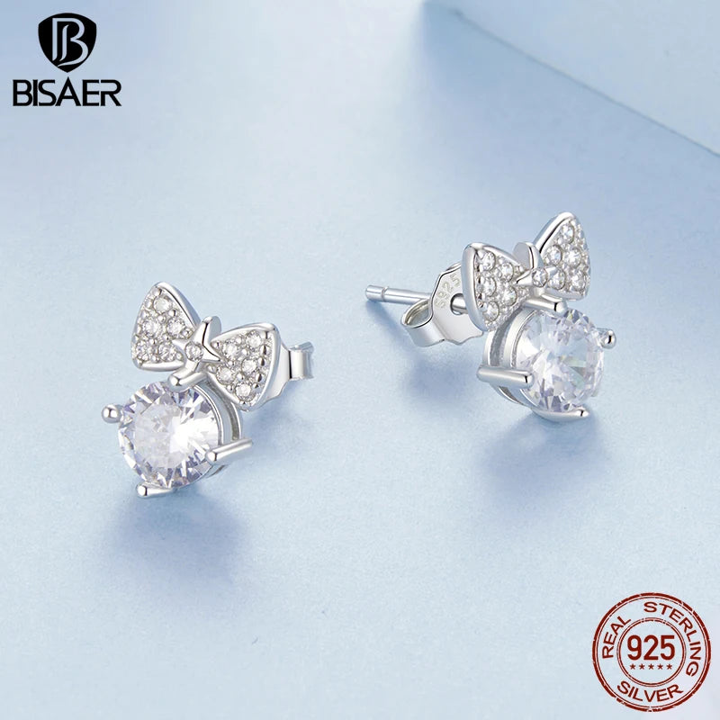 Boucles d'oreilles à tige en argent sterling 925 BISAER en forme de nœud papillon, boucles d'oreilles en zircon scintillant plaquées or blanc pour femmes, bijoux fins de fête, cadeau