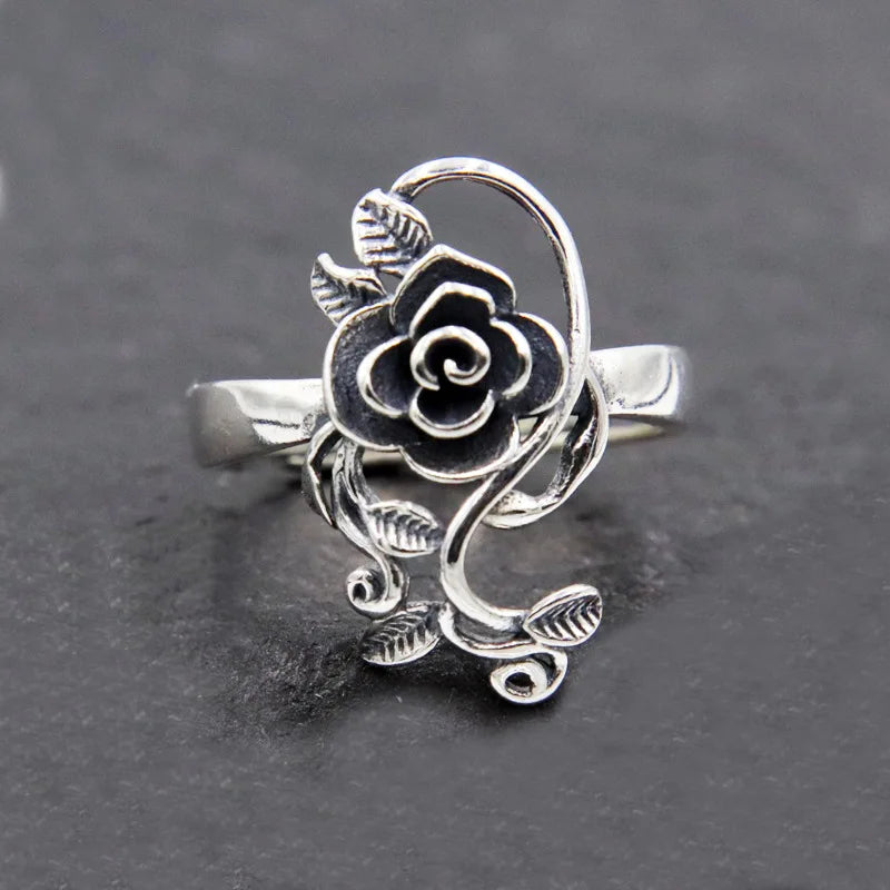 Buyee 925 Sterling Silber Großer Blumenring Finger Grau Rose Offener Ring für Frau Mode Ethno Feiner Schmuck Kreis mit Box