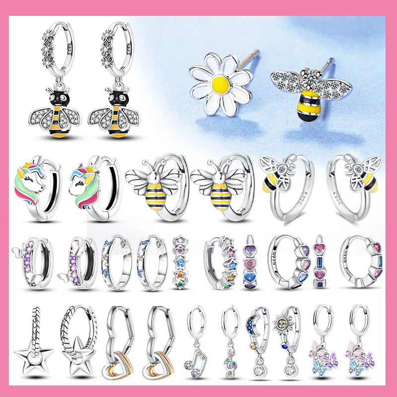 Hot Sale Bee Earrings For Girl Lovely Yellow Black Dancing Bee Happy S925 Hoop Earrings Birthday Gift Silver Jewelry