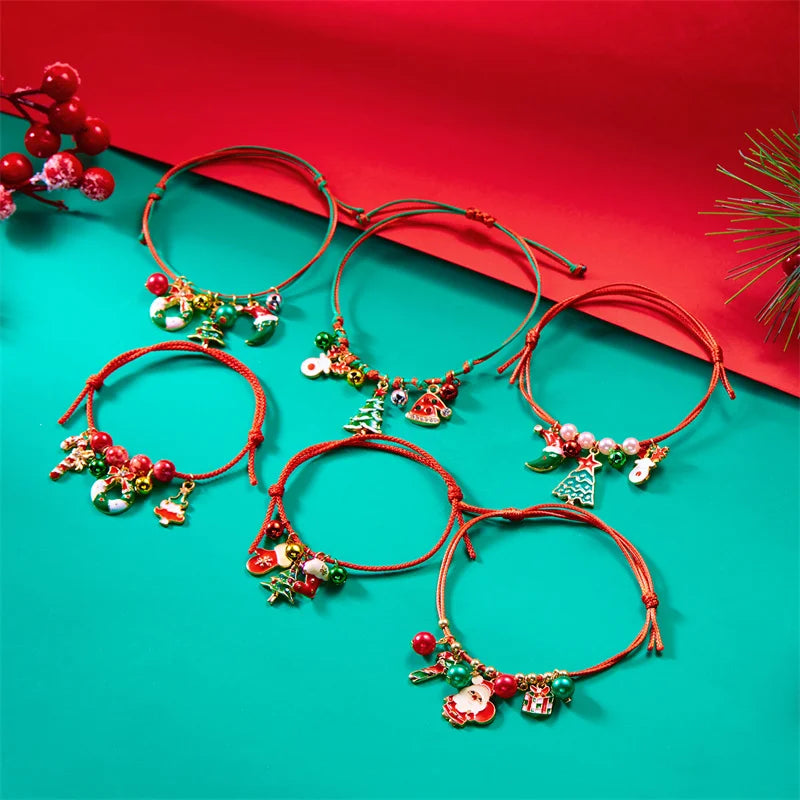 Christmas Handwoven Braided Bracelet For Women Santa Claus Xmas Tree Snowman Crutch Wreath Bell Beaded Adjustable Bracelets