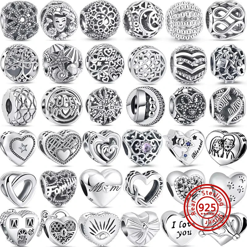 Authentic 100% 925 Sterling Silver Fit Original Pantaro Charms Bracelet Heart Round Style Simple Beads Women DIY Jewelry Making