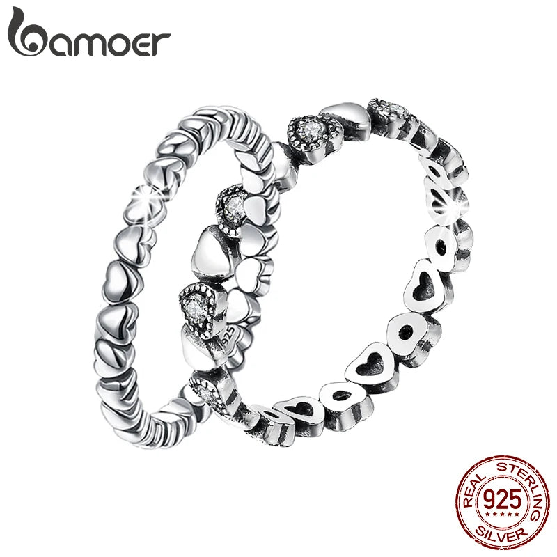 BAMOER Echtes 925 Sterling Silber Stapelbarer Ring Herz Schwarz CZ Fingerringe für Frauen Hochzeitstag Schmuck Anel SCR140
