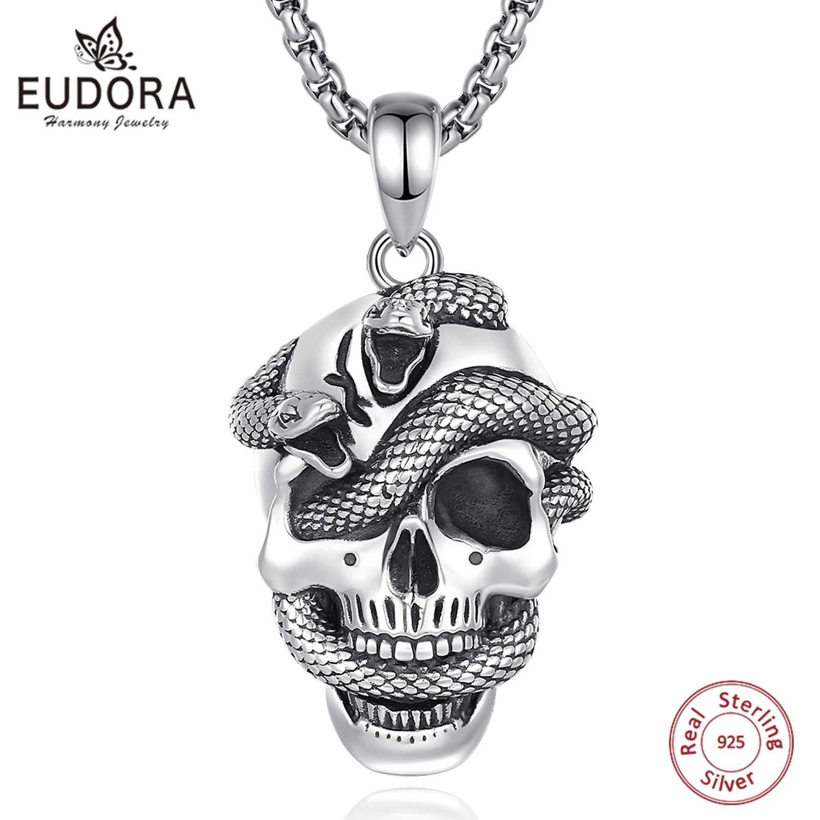Eudora 925 Sterling Silver Skeleton Snake Necklace for Women Man Vintage Skeleton Skull Pendant Personality Jewelry Fine Gift