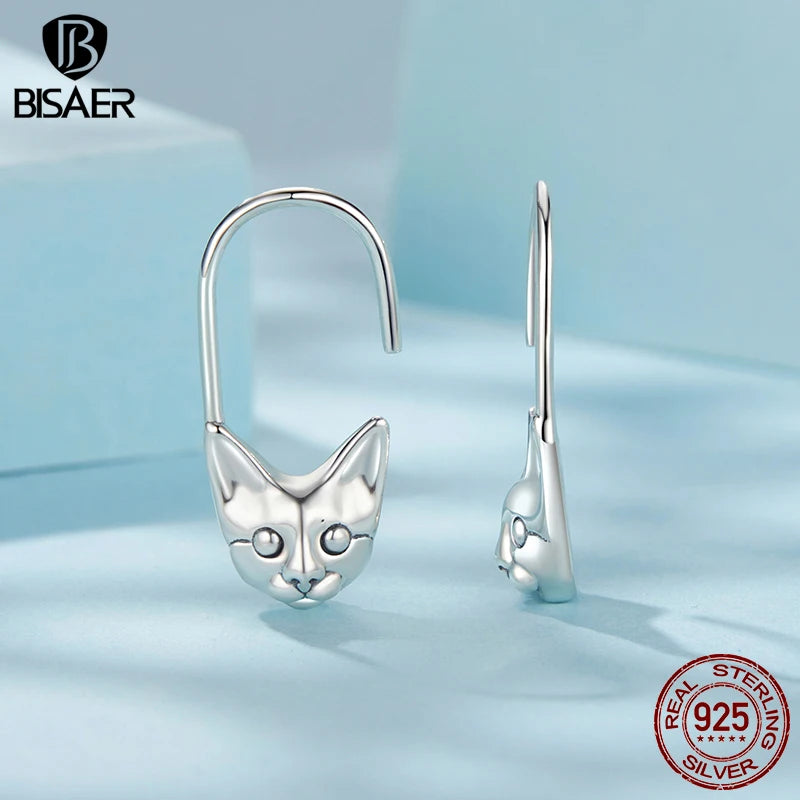 BISAER Boucles d'oreilles à tige en argent sterling 100 % 925 en forme de chat avec fermoir pour animaux de compagnie mignons pour femmes, bijoux fins et originaux ECE1836