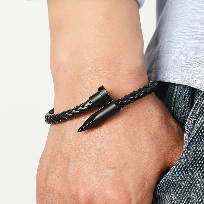 Nail Bullet Bracelet Titanium Steel Leather Leather Rope Bracelet Alloy Magnet Buckle Men's Braided Bracelet Handmade Bracelet