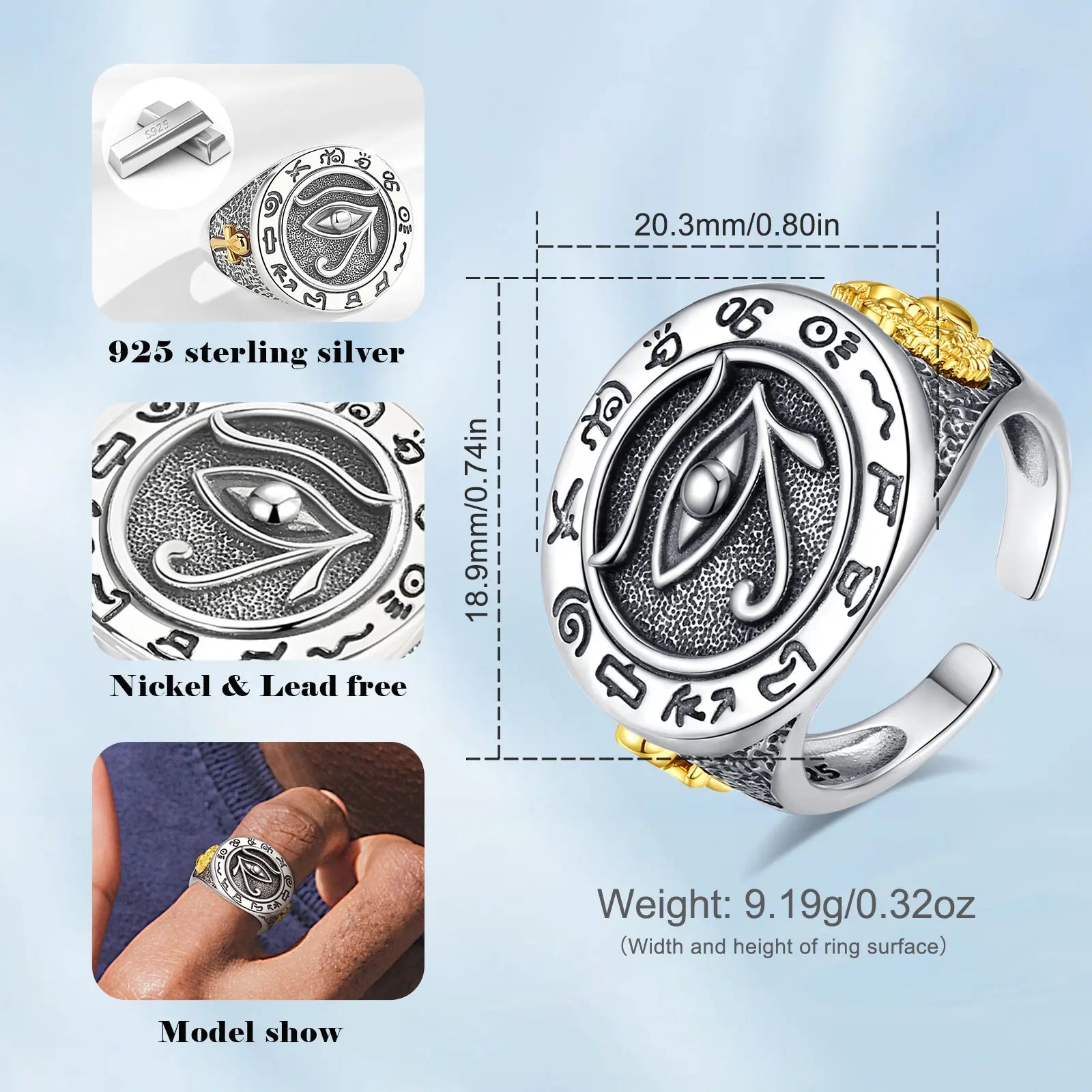Bague ajustable Eudora en argent sterling 925 avec symbole du mauvais œil pour homme et femme, style vintage, runes, croix Ankh, amulette, bijou égyptien, cadeau