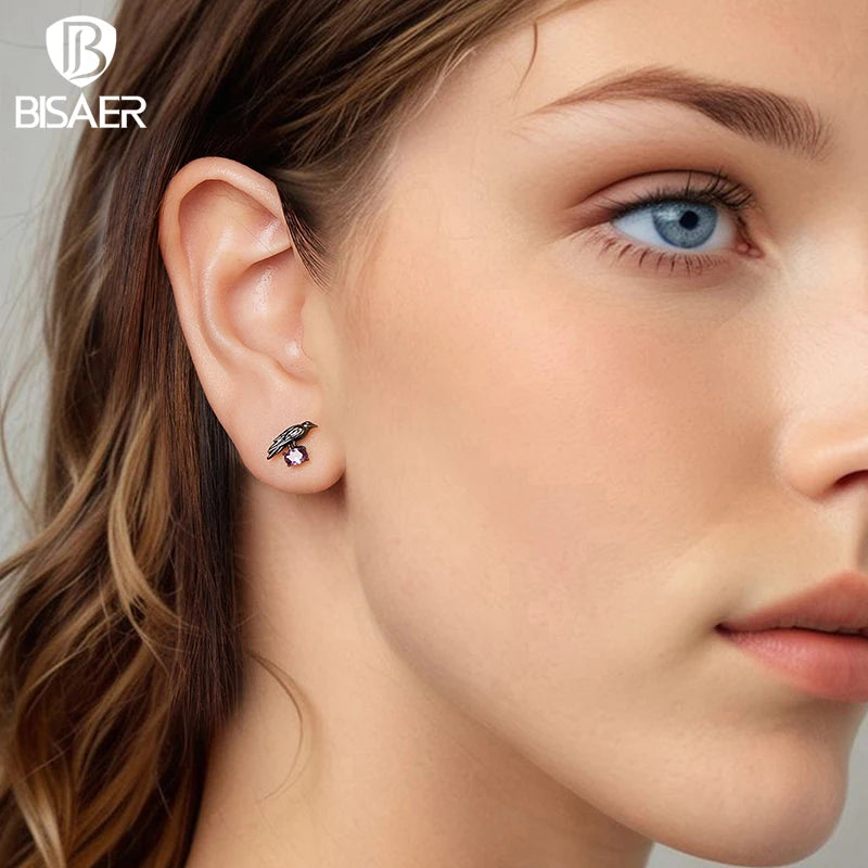 BISAER Crow Stud Earrings 925 Sterling Silver Purple CZ Hypoallergenic Plated Black Gold Stud Ear for Women Party Fine Jewelry