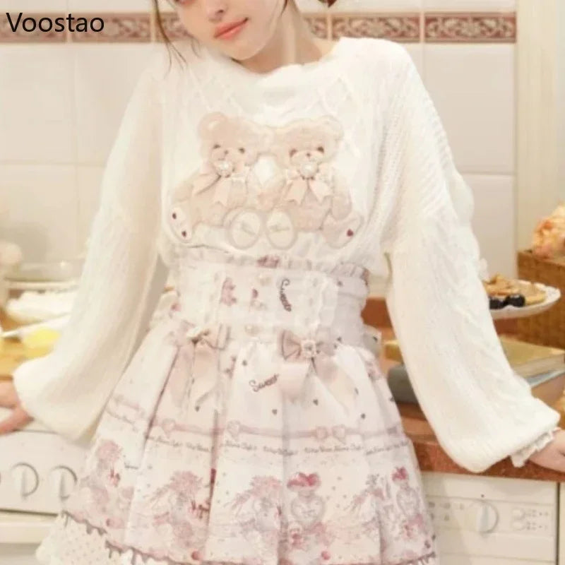 Sweet Lolita Cartoon Plush Bear Bunny Knitted Pullovers Women Harajuku Bow Pearl Ribbon Sweaters Japanese Girls Knitwear Tops