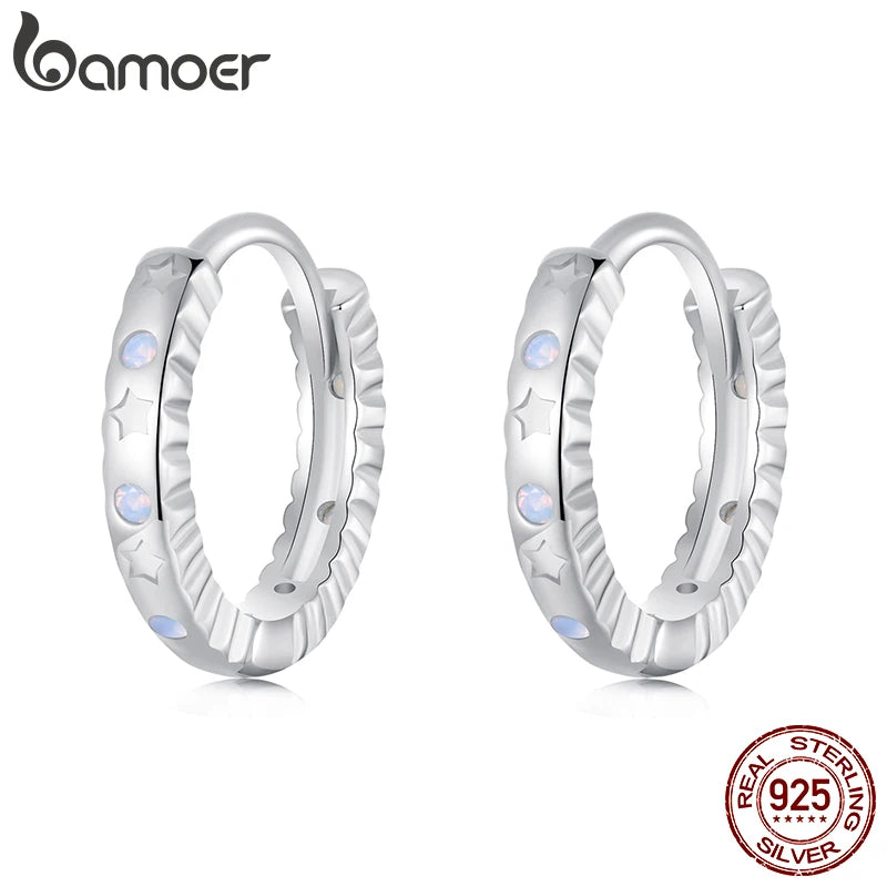 BAMOER Solid 925 Sterling Silver Star Huggie Earrings, Small Geometric Hoop Earrings for Women BSE1110