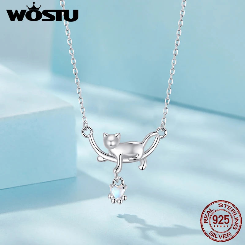 WOSTU 925 Sterling Silver Lovely Cat Necklace for Women Heart Rainbow Moonstone Cats Pet Pendant Necklace Girl Daughter Gift