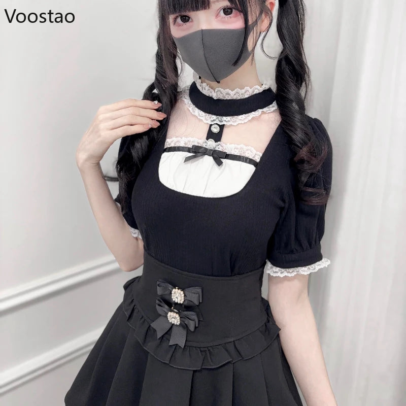 Japanese Gothic Lolita Style Shirts Women Vintage Sweet Y2k Lace Ruffles Short Sleeve Plaid Blouses Jirai Kei Girls Casual Tops